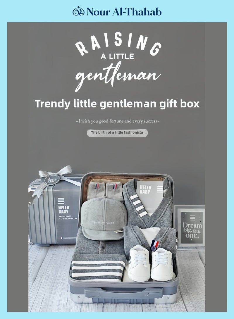 Nour Al-Thahab 9PCS Newborn Baby Gift Set, Trendy Stylish Gray Suit, Young Gentlemen, Baby Clothes Accessories, Infant Essential Set with Suitcase for Boys (Exclusive Brand Gift Bag for Nour Al-Thahab) - Image 3